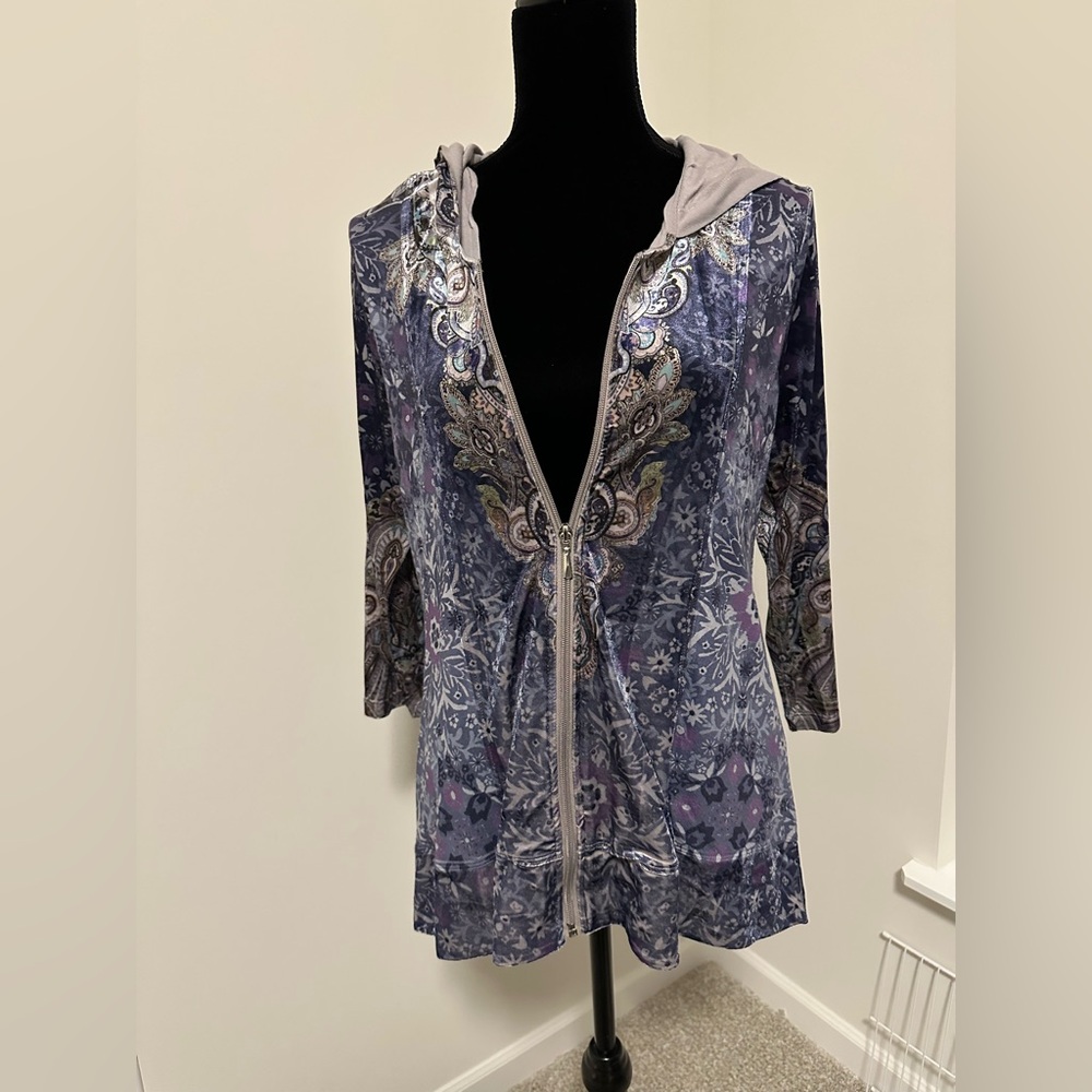 Women’s One World Blue Printed Knit & Velvet 3/4 Sleeve Zip Front Hoodie - Picture 2 of 6